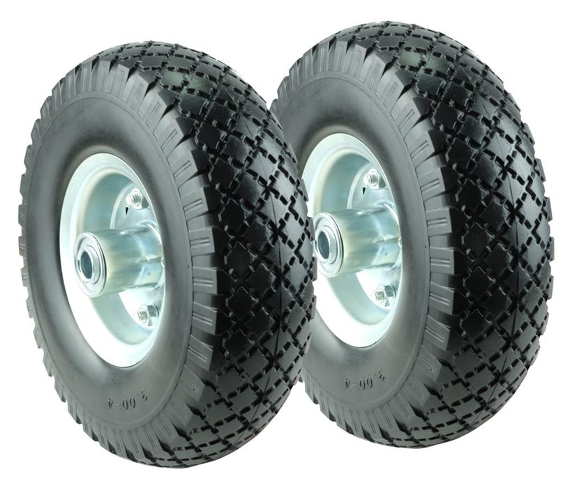KASTFORCE KF4003 Twin Pack 10-Inch Solid Rubber Tire Wheels Replacement 3.00-4 Tires and Wheels Flat Free with 5/8" Bearings 2.15" Offset Hub Perfect for Hand Truck Wheelbarrow Garden Cart