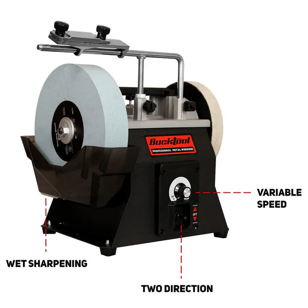 BUCKTOOL 10-Inch Variable Speed Sharpening System 1.2-Amp Two-Direction Water Cooled Wet Stone Grinder 90-160RPM, SCM8103