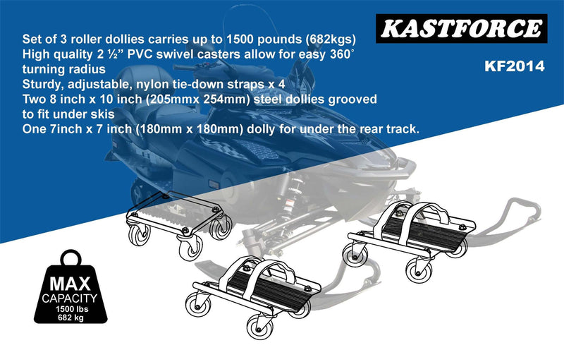 KASTFORCE KF2014 Snowmobile Dolly Heavy Duty V-Slide with 2.5” PVC Swivel Casters and Rubber Pad Protecting Skis and 2 Pairs of Heavy Duty Straps Firmly Attaching on Skis