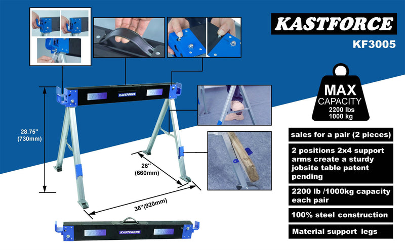 KASTFORCE KF3005 Folding Sawhorse (2-Pack of KF3003) 2200 lb /1000kg capacity Heavy Duty Jobsite Table Stand