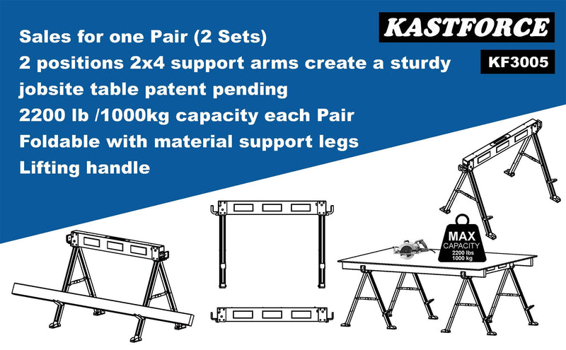 KASTFORCE KF3005 Folding Sawhorse (2-Pack of KF3003) 2200 lb /1000kg capacity Heavy Duty Jobsite Table Stand
