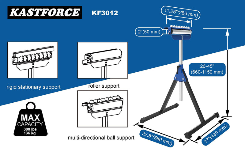 KASTFORCE KF3012 Heavy-Duty Roller Stand 300 Lbs Capacity (3 in 1 Roller), Adjustable Miter Saw Extension, Folds Flat for Easy Storage, Galvanized Steel Roller