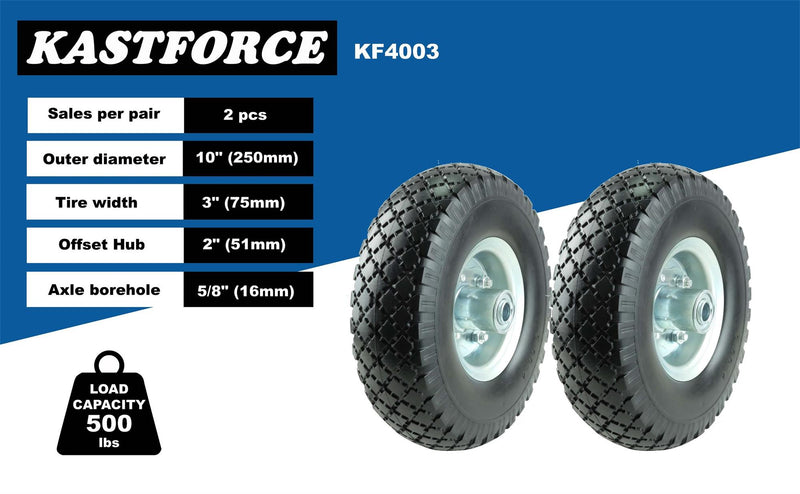 KASTFORCE KF4003 Twin Pack 10-Inch Solid Rubber Tire Wheels Replacement 3.00-4 Tires and Wheels Flat Free with 5/8" Bearings 2" Offset Hub Perfect for Hand Truck Wheelbarrow Garden Cart Non-Flat Wheel