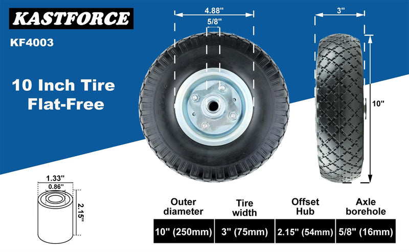 KASTFORCE KF4003 Twin Pack 10-Inch Solid Rubber Tire Wheels Replacement 3.00-4 Tires and Wheels Flat Free with 5/8" Bearings 2.15" Offset Hub Perfect for Hand Truck Wheelbarrow Garden Cart