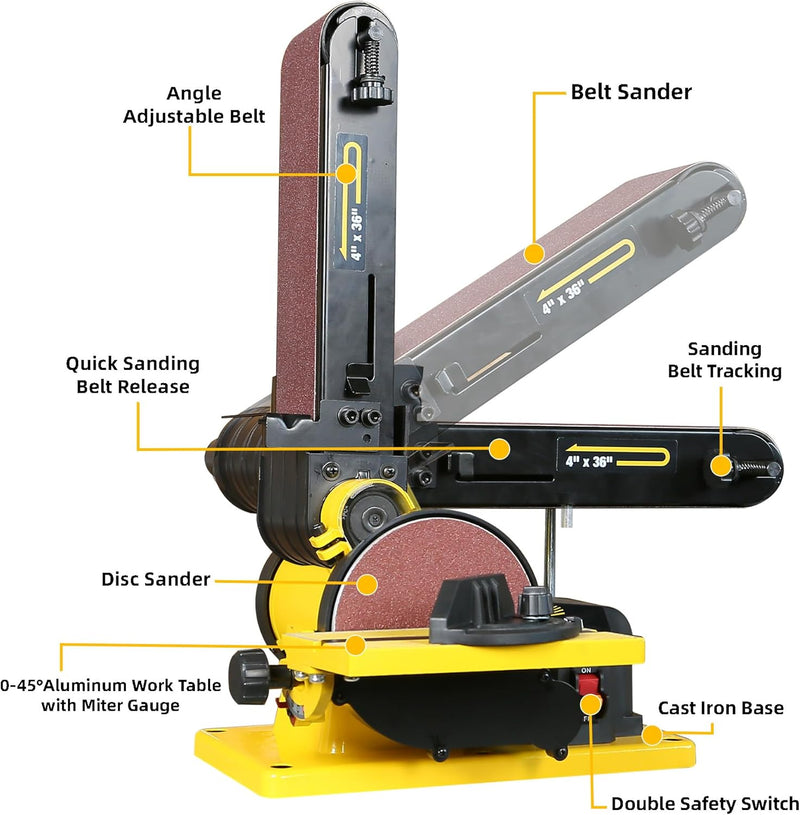 4.3A Belt Sander, 4 x 36 in. Belt & 6 in. Disc Sander, Double Dust Exhaust Port, Steel Base, 2Pcs Sandpapers Included