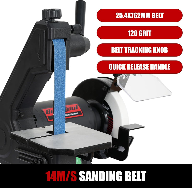 KF6101-BG1600UK Bucktool 250W Bench Belt Grinder Combo, 25.4x762MM Belt & 150mm Grinder, Bench Belt Disc Sander Combo for Knife Making, Sharpening, Woodworking, Metalworking