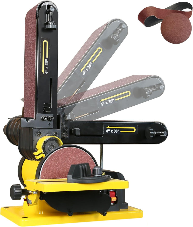 4.3A Belt Sander, 4 x 36 in. Belt & 6 in. Disc Sander, Double Dust Exhaust Port, Steel Base, 2Pcs Sandpapers Included