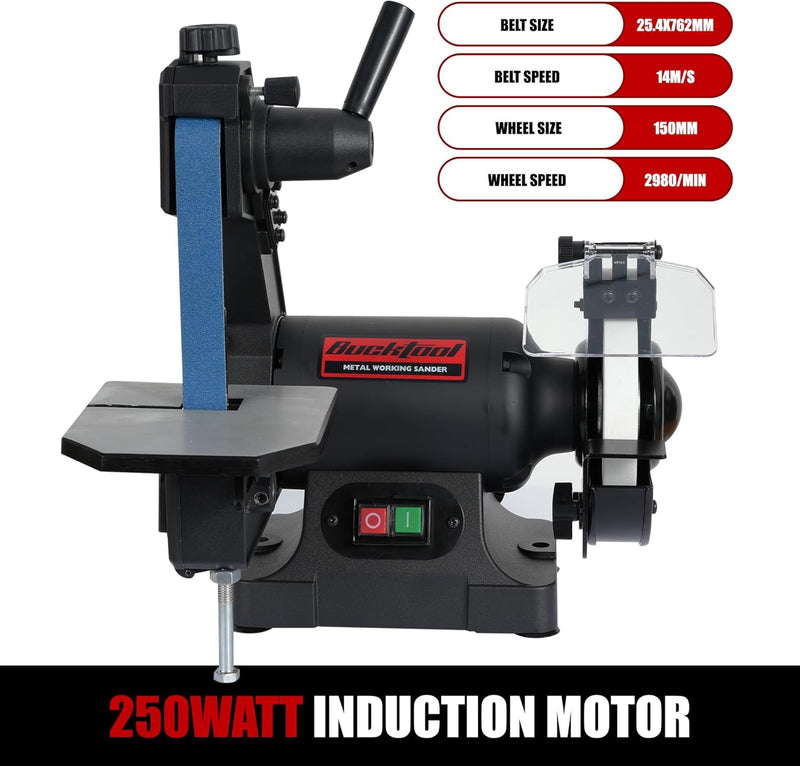 KF6101-BG1600UK Bucktool 250W Bench Belt Grinder Combo, 25.4x762MM Belt & 150mm Grinder, Bench Belt Disc Sander Combo for Knife Making, Sharpening, Woodworking, Metalworking