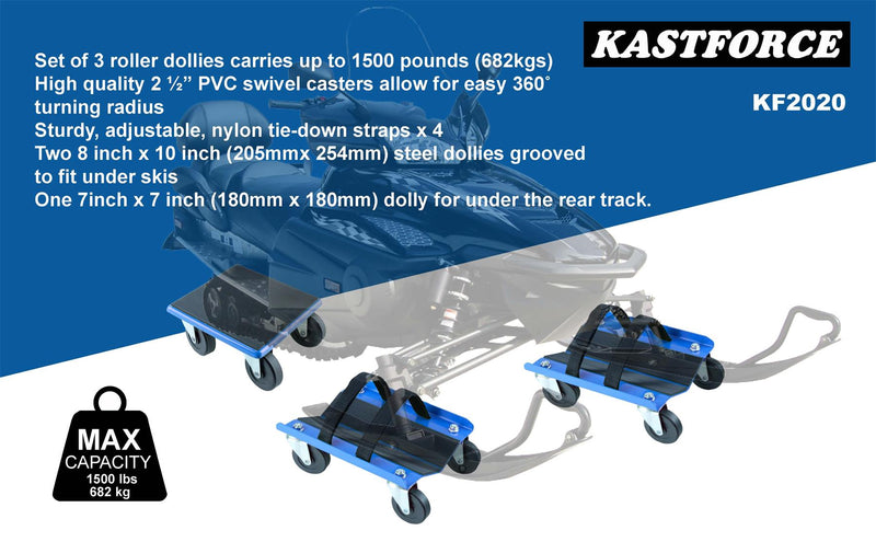 KASTFORCE KF2020 Snowmobile Dollies Full-Rubber-Pad-Protection Heavy Duty Dollies Carries up to 1500 lbs (682 kg) V-Slide with 2.5 Inch Swivel Casters 2 Pairs of Heavy Duty Straps