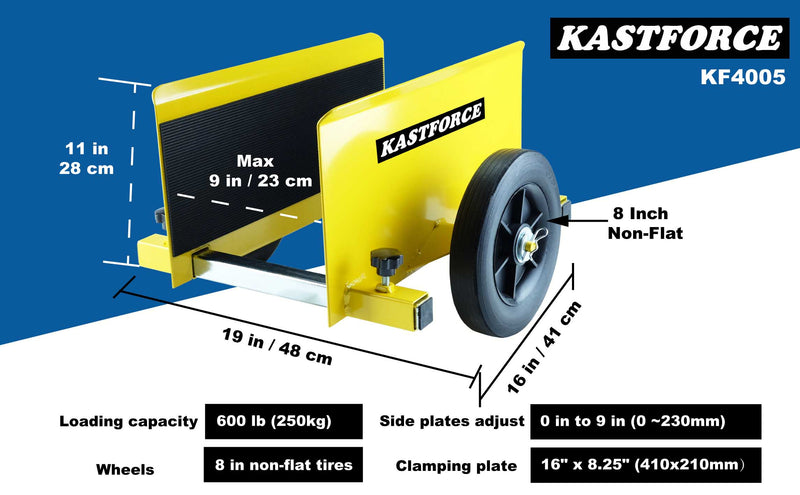 KASTFORCE KF4005 Panel Dolly, Full-Rubber-Pad-Protecting, 600 Lbs Capacity, Drywall Mover with 8" Non-Flat Wheels, Adjustable Clamp Panel Cart, Wood Mover, Fence Mover, Door Dolly