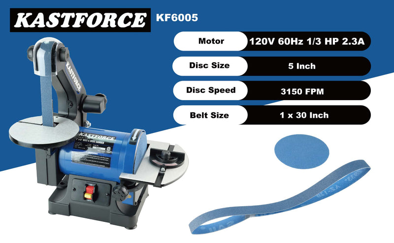 Kastforce KF6005 Professional Belt Disc Sander, 1 inch x 30 inch Belt Sander and 5 inch Disc Sander, Belt Sander for Woodworking with 1/3 HP Low Noise Induction Brushless Motor, Zirconia Abrasive