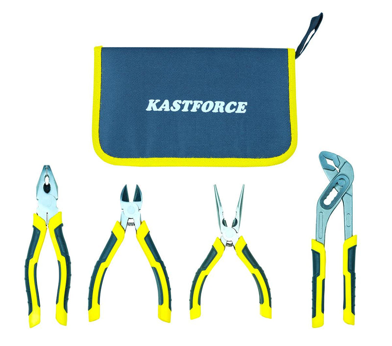 KASTFORCE KF4024 Pliers Kit Includes 8-inch Linemans Pliers, 6-inch Diagonal Cutting Pliers, 6-inch Long Nose Pliers, 8-inch Groove Joint Pliers, Hardware Bag