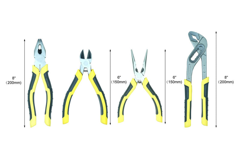 KASTFORCE KF4024 Pliers Kit Includes 8-inch Linemans Pliers, 6-inch Diagonal Cutting Pliers, 6-inch Long Nose Pliers, 8-inch Groove Joint Pliers, Hardware Bag